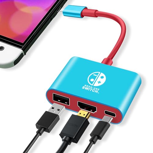 3 in 1 Switch Dock für Switch/Switch OLED, USB 3.0 Port, Portable Switch Docking Station Travel für Nintendo Switch/Switch OLED, Portable Switch TV Adapter mit 4K HDMI (Blau+Rot)