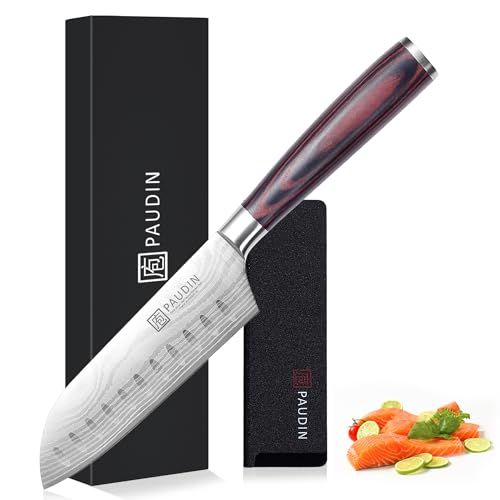 PAUDIN Santokumesser 13 cm, Ultrascharfes Küchenmesser aus Hochkohlenstoff-Edelstahl, Ergonomisch&Vielseitig für Fleisch, Gemüse&Obst, Ideal für Hobbyköche&Profis, Nachhaltig mit lebenslanger Garantie
