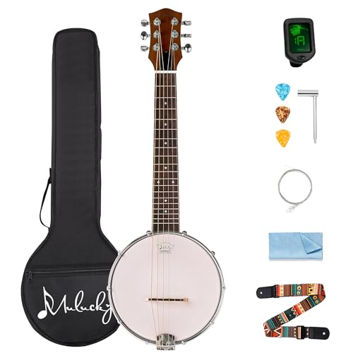Mulucky Banjo mit 6 Saiten, Banjo-Gitarre, Konzertgröße, 66 cm, Mini-Banjitar, geschlossene Massivholzrückseite, Anfänger-Kit mit Halsstab, Gigbag Stimmgerät, Saitengurt, Plektren, BG-01