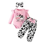 Kleidung Set Sweatshirt +Hosen für Baby Mädchen Kleinkind Jungen Mädchen Langarm Brief Cartoon Milchkuh Drucke Strampler Body Hosen Stirnbänder Outfits Herbst Winter Outfits (Red, 3-6 Months)