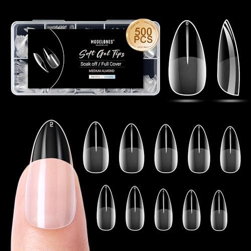 Modelones Nageltips 500 Stück- Full Cover Nail Tips Set, Soft Gel Tips Set, Pre-Buff PMMA Harz Nagelspitzen, Künstliche Nägel Zum Aufkleben Nail Art DIY, 10 Größen Medium Almond