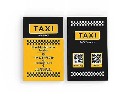 Premium Taxi-Visitenkarten personalisiert (85x55mm), Premium Papier, hochwertiger Druck, hohe Qualität, selbst gestalten für Taxiunternehmen, Mietwagen-Service, Minicar & Fahrer (Vertikal)