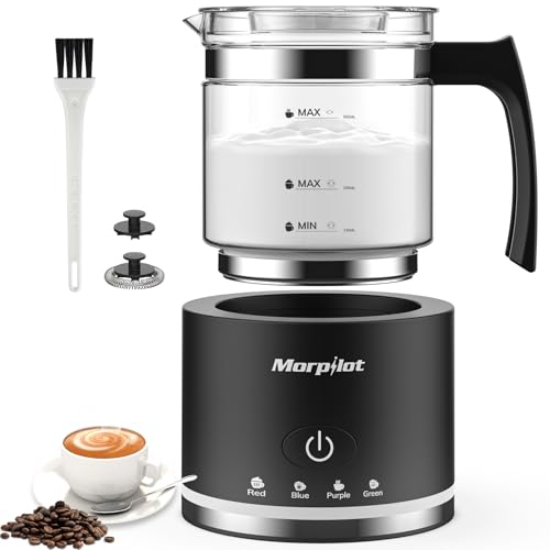 Morpilot Milchaufschäumer Elektrisch, 130-500ml 600W, 4 in 1 Milchschäumer für Heißer und Kalter, Spülmaschinenfest, Visuelles Glas, Latte-Design, Schwarz