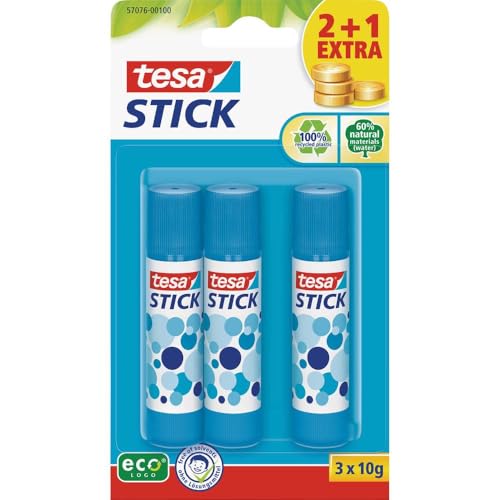 tesa Stick ecoLogo - Geruchsneutraler Klebestift für Papier und Pappe - Lösungsmittelfrei und Umweltschonend - 3 x 10 g