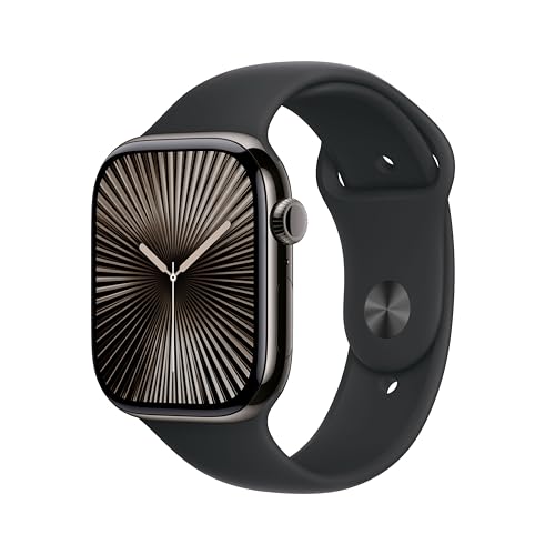 Apple Watch Series 10 (GPS + Cellular 46 mm) Smartwatch mit Titangehäuse in Schiefer und Sportarmband in Schwarz (M/L). Fitnesstracker, EKG App, Always-On Retina Display, Wasserschutz