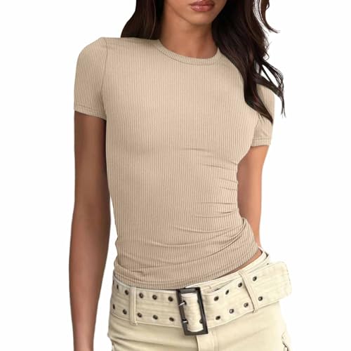 2025 - Modische Oberteile für Damen, figurbetonte Kurzarm-Basic-T-Shirts mit schmaler Passform Und Oberteil Set Damen (Beige, M)