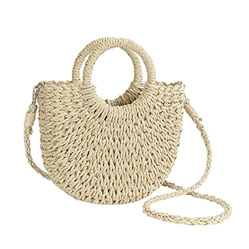 JOLLQUE Stroh Strandtasche für Frauen, Sommer handgewebte Mini Umhängetasche Geldbörse mit Quaste, Top Griff Stroh Handtasche Clutch (Beige)