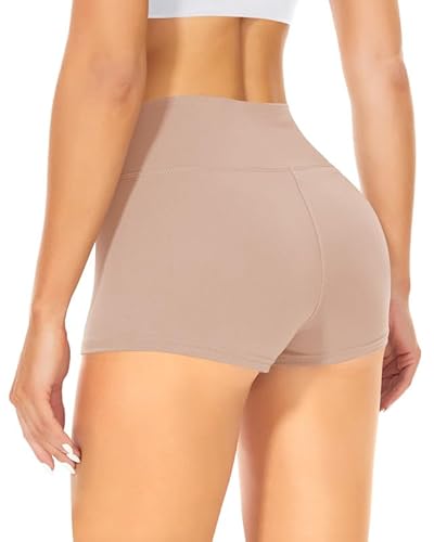 TNNZEET Radlerhose Damen Hohe Taille Shorts Bauchweg Kurze Sporthose Hotpants für Yoga Gym (Beige,S-M)
