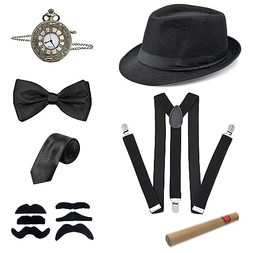 20er Jahre Accessoires Herren, Mafia Kostüm Herren, Peaky Blinders Kostüm, Gangster Kostüm Herren mit Panama Gangster Hut Verstellbar Hosenträger Taschenuhr Fliege Krawatten Bärte für Karneval Partys