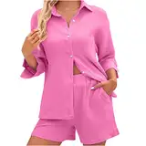 Sommer Zweiteiler Damen Musselin Bluse Hemd und Shorts 2 Teiler Elegant Baumwolle Lounge Set Casual Shorts Und Oberteil Strand Hosenanzüge Y2k Anzüge Loungewear Two Piece Streetwear