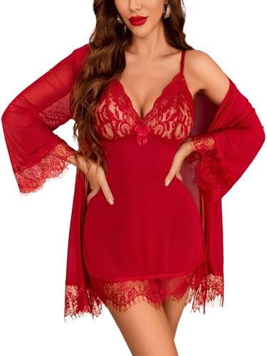 Avidlove Damen Dessous Set 3-Teiliges Sexy Spitze Unterwäsche NachthemdLingerie Morgenmantel Mesh Negligee Kimono Strapsen Reizwäsche Babydoll mit Höschen Rot XL