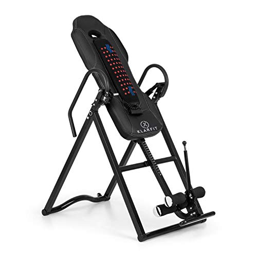 Klarfit Ease Delux - Inversionsbank, Schwerkrafttrainer, Rückentrainer, Inversionstisch, Entlastung der Wirbelsäule, bis 136kg Körpergewicht, Wärme-und Massagefunktion, schwarz