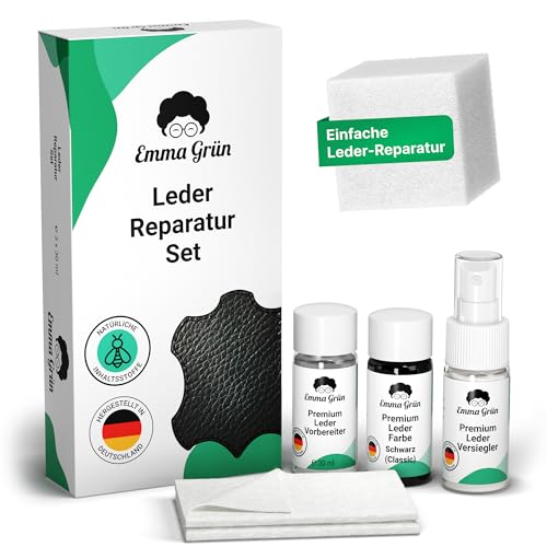 Emma Grün® Lederreparaturset Schwarz [KOMPLETT SET] - Professionelles Leder Reparatur Set für Sofas, Möbel, Lenkräder & Autositze - Ideal für DIY Leather Repair Kit Anwendungen - Made in Germany