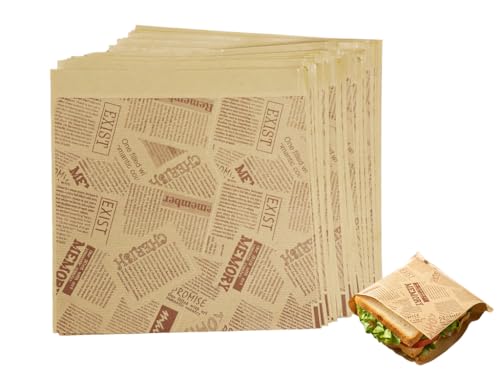 Kellegour 200 Stück Wrap Papier,Alter Zeitungsdruckstil 18 x 18 cm,Burger Papier,Umweltfreundliches Backpapier,Hamburgertasche Sandwich-Tüten,Sandwich Papier für Burger,Butterbrot,Käse,Pommes