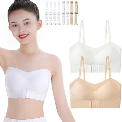 Mädchen Trägerloser BH Nahtloser Bandeau-BH 2er-Pack Bügellose Sport Unterwäsche Tanzballett Unsichtbares Bralette Trainings-BHS mit wandelbaren Trägern für 12-14 Jahre