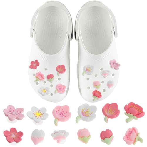 Ouligay 12 Stück Blumen Schuhe Charms mit Knöpfen, Krokodil-Anhänger für Kinder Schuhe Dekoration Anhänger Niedliche Charms Blumen Anhänger für Clog Dekor Mädchen