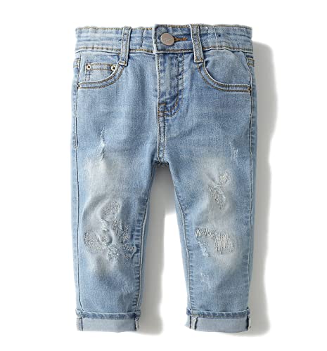 KIDSCOOL SPACE Baby Mädchen Jungen Slim Jeans,D-Ring Gummiband innen Zerrissene Jeanshose,Hellblau,7-8 Jahre