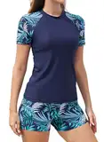 SHEKINI Frauen Built In BH 2-teilige Rash Guard Badeanzüge mit kurzen Ärmeln Top für Boyshort (Blaue Blätter, Medium)