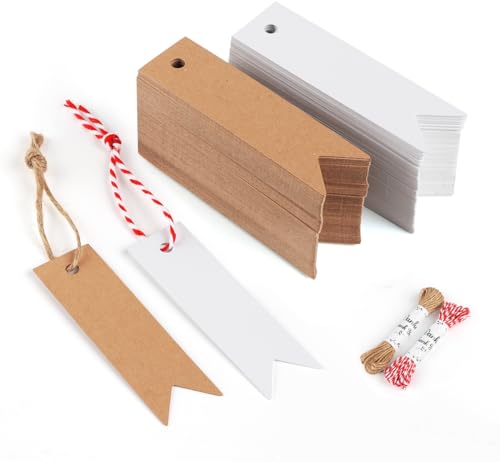 Sweelov 200stk Kraftpapier Anhänger Etiketten Geschenkanhänger 7 x 2cm mit Jute Schnur 20M für Hochzeit Geschenke zum Basteln Weihnachten Geschenkverpackung (Weiß Braun Rechteck)