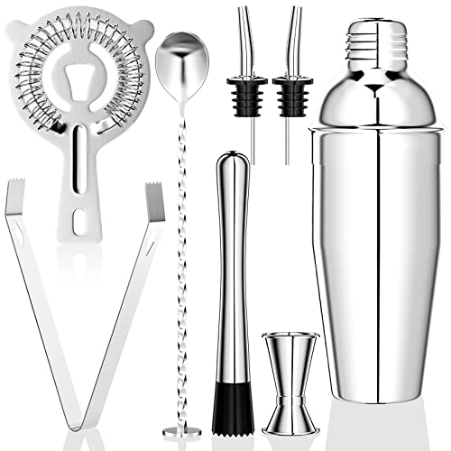 Gvolatee 750 ML Cocktail Set, 8 stück Edelstahl Shaker Mixer, professionelle Barkeeper zubehör, mit Shaker, doppel messbecher, löffel, Pourer, zum mischen von getränken, zuhause, bar, Party (Silber)