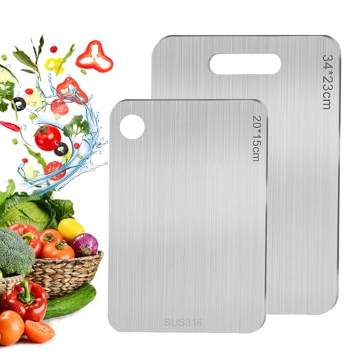 2 Stück Titan Schneidebrett, S316 Edelstahl Titanium Cutting Board, Doppelseitiges Schneide-brett in Lebensmittelqualität für Fleisch, Obst, Gemüse(34 * 23cm und 20 * 15cm)