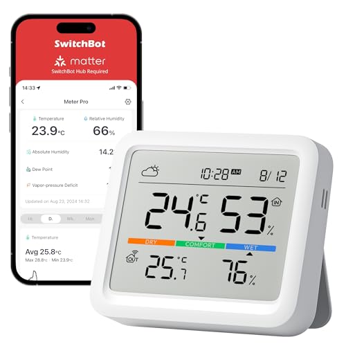 SwitchBot Wetterstation für Zuhause, Digitale Wetterstation, Hygrometer Thermometer Innen, Temperatursensor mit Datum/Wettervorhersage/Intelligenter Warnung, Kostenloser Datenspeicher-Export