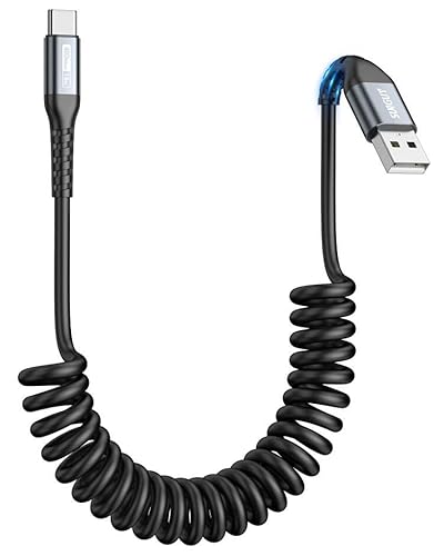 SUNGUY USB C Spiralkabel, 【0.4M-1M】 USB auf USB C Kabel und Datenkabel für Android Auto,Carplay,iPhone 15,Galaxy S24 Ultra S23 FE S22 S21,Google Pixel, Xiaomi-Grau