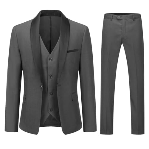 YOUTHUP Herren 3 Teiliger Slim Fit Anzüge Hochzeit Party Herrenanzug Schalkragen Smoking Sakko Hose Weste, Dunkelgrau, M
