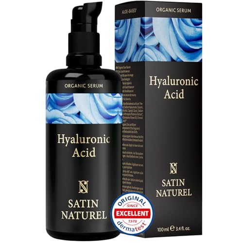 Hyaluron Serum hochdosiert 100ml - Hyaluronsäure Serum Gesicht - Vegan - Gesichtspflege Männer und Frauen - Anti Aging Hyaluronic Acid Gesichtsserum mit Bio Aloe Vera, Augenserum - Satin Naturel