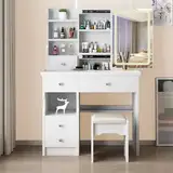 Zeaper Schminktisch mit Spiegel und Hocker, Frisiertisch mit Beleuchtung - 3 Farbmodi,4 Schubladen und Geschlossener Stauraum Modern Schlafzimmer Make up Schreibtisch Weiß