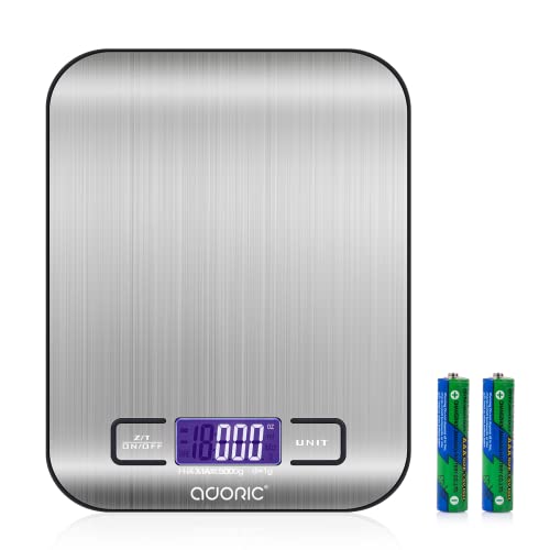 ADORIC Digitalwaage Professionelle Electronische Waage, Küchenwaage mit LCD Display-wunderbare Präzision auf bis zu 1g(5kg Maximalgewicht)-Silbrig