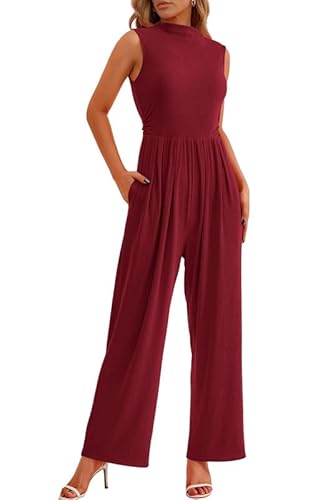 Haibang Jumpsuit Damen Sommer Elegant Ärmellos Overall Lang Mock Neck Romper Lässig Einteiler Festlich Hochzeit Hosenanzug Weites Bein Hose Playsuit mit Taschen