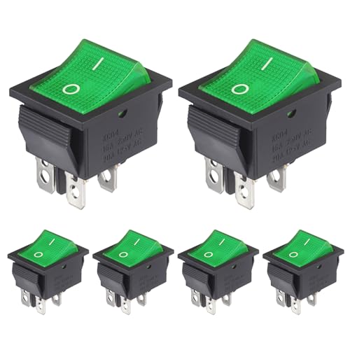 VEXUNGA Wippschalter AC 16A 250V 20A 125V EIN-AUS Kippschalter 4 Polig Grün Beleuchtet Schalter 4 Pins Einbauschalter Umschalter Boot Switches (6 Stück)