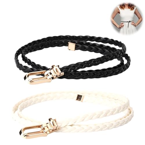 2 Stück Geflochtener Schmaler Gürtel Damen,Frauen geflochtene Taille Gürtel dünne,Damen geflochtener Gürtel Schmaler Flechtgürtel,Geflochtene Taille Gürtel Schmaler Kleidgürtel,dünne Gürtel Bund