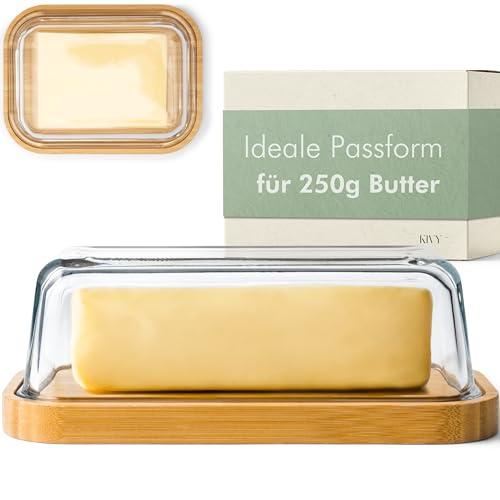 KIVY Butterdose Glas mit luftdichtem Deckel für streichzarte Butter - BPA Frei - Butterdosen - Butter dish - Butterschale mit Deckel - Butterdose mit Deckel - Butter Box Dose - Butterbox Bambus Holz