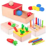 Holzspielzeug ab 1 Jahr | 4 in 1 Montessori Spielzeug Baby Motorikspielzeug ab 10 Monate Jungen Mädchen Objektpermanenz Sortierspiel Holzpuzzle für Kinder Ostern Weihnacht Geburtztag New Jahr Geschenk