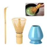 Wenrescry Matcha-Set, Matcha Tee Set mit Bambus Schneebesen, 80 Zinken, Handarbeit, Traditionell Japanische Teezeremonie, Grüner Tee Pulver Set, 3-teiliges Geschenk-Set, Einfach zu Reinigen