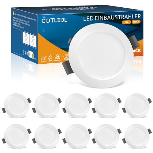 LED Einbaustrahler 230V Flach,10er LED Spots 5W Neutralweiß 4000K IP44 Bad Einbauleuchten, 68-80mm EinbauØ Deckenspots 450LM Einbaustrahler LED Spots Deckenleuchte für Badezimmer Wohnzimmer Küche