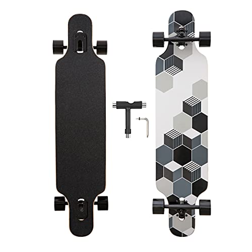 Longboard, 8-lagigem Ahornholz Cruiser komplettes Skateboard,Longboards für mädchen Erwachsene jung anfänger mit T-Tool und PU-Räder (Schwarz und weiß)