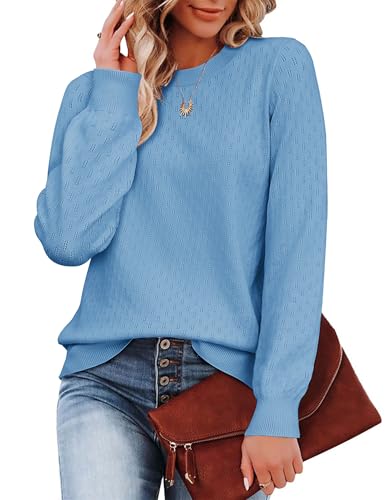 Zeagoo Pullover für Damen Ausgehöhlt Langärmeliger Pullover Damen Strickpullover Langarm Herbst Winter Pulli Rundhals Pulli Warm Oberteile Himmelblau M