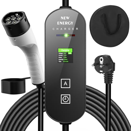 Typ 2 Ladekabel Schuko, 3.5KW 6-16A Tragbares Ladekabel EV Chargers mit Steuerbarer Digitalanzeige für Elektroauto, EV Ladegerät für Model 3/Y 3008/508, C5X, DS7, GLA, Q3, X3, und Anderen PHEV/EV