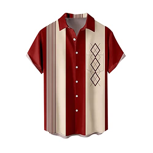 Herren Vintage Bowling Shirt 1950er Retro Rockabilly Stil Kurzarm Button Down Musik Hawaiihemden lässig kurzärmelig Knopfleiste kontrastierendes Hemd Farbblock kubanische Hemden