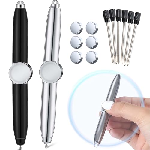 Spinning Pen, Fidget Pen mit LED Licht, Luminous Gyro Ballpoint Pen, Beleuchtete Schreibgeräte, Geschenke zum Stressabbau (Mit 3 Minen + 3 Zubehörteilen, Schwarz & Silber)