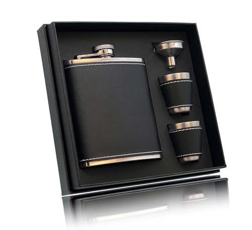 RUIXUE® Flachmann für Spirituosen und Whisky 7 oz / 200 ml,Schwarz Flachmann Edelstahl,flachmann leder mit 2 Bechern und 1 Trichter,hip flask Whiskyflasche,für Wandern und Camping usw.