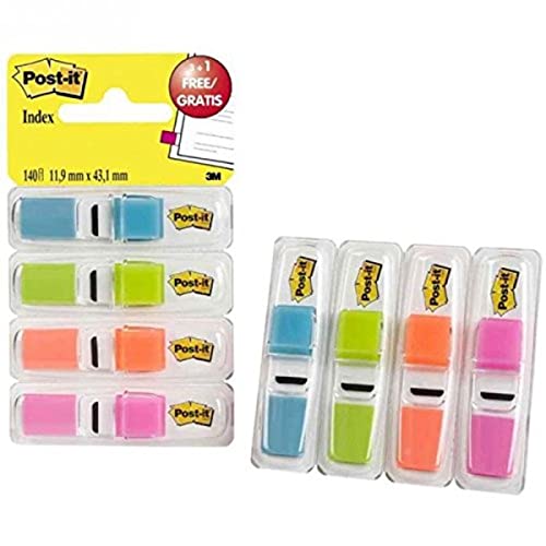 Post-it Index Mini, 11,9 x 43,2 mm, 3 x 35 Haftstreifen im Spender, Farbe: Limonengrün, Orange, Pink, Türkis - Zum Hervorheben wichtiger Informationen