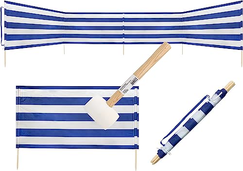 Idena - Windschutz in Blau-Weiß inkl. Gummihammer (weiß), mit Holzstäben, Tragegurt und Fixierungsbändern, 80 x 600 cm, Sichtschutz für Strand, Camping und Garten