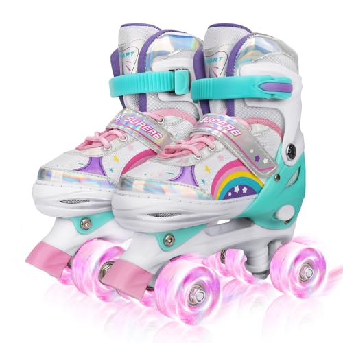 Kinder Rollschuhe für Mädchen, Jungen und Anfänger, 4 Größen Verstellbare, Rainbow mit leuchtenden Rädern Quad Skates, geeignet für den Innen- und Außenbereich (M)