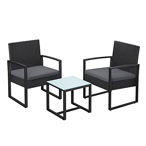 SONGMICS Balkonmöbel, Gartenmöbel-Set, aus PE-Polyrattan, Lounge-Set, Tisch und 2 Stühle, Terrassenmöbel, einfache Montage, Outdoor, für Terrasse, Balkon, Garten, schwarz-grau GGF010G05