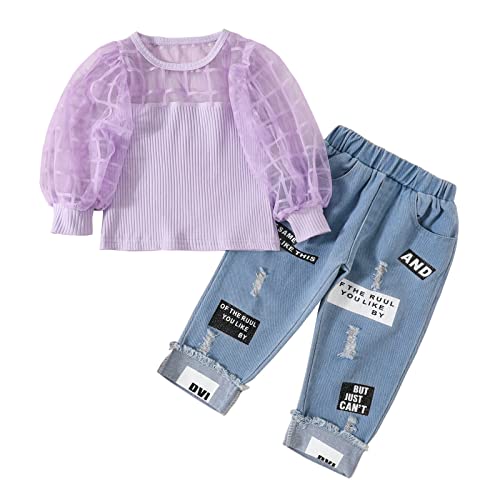 Tüll Puff Langarm T-Shirt Oberteile Loch Crop Denim Jeans Lange Hosen Bekleidungssets für Kleinkinder Kinder Mädchen 2 STÜCKE Outfits Kleidung Set 1-6 Jahre (Purple, 4 Years)