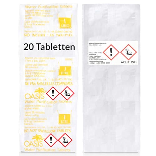 Wicked Chili 20 Stück 1 Liter Wassertabletten zur Trinkwasser Entkeimung, Wasseraufbereitung Entkeimungsmittel, Wasserentkeimung & Trinkwasseraufbereitung, Reiseapotheke Notfall Travel Ausrüstung